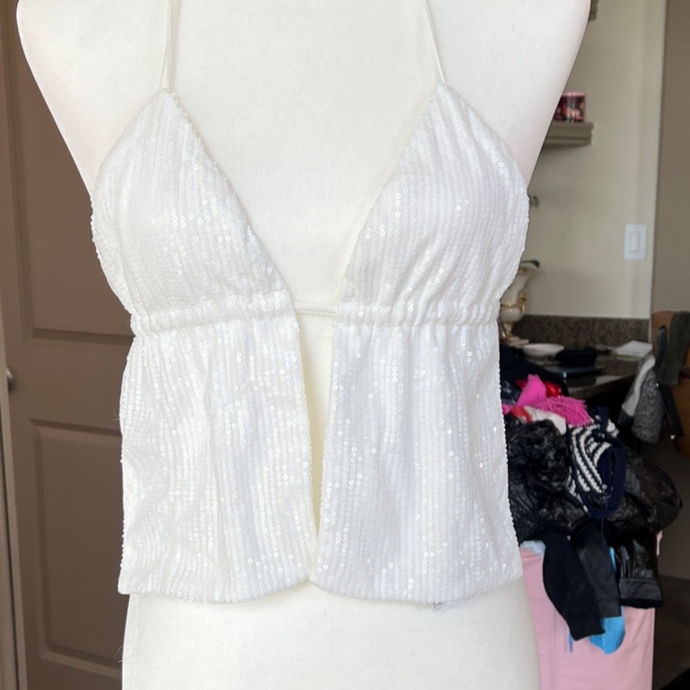 Edikted White Sequin Halter Crop Cami Top